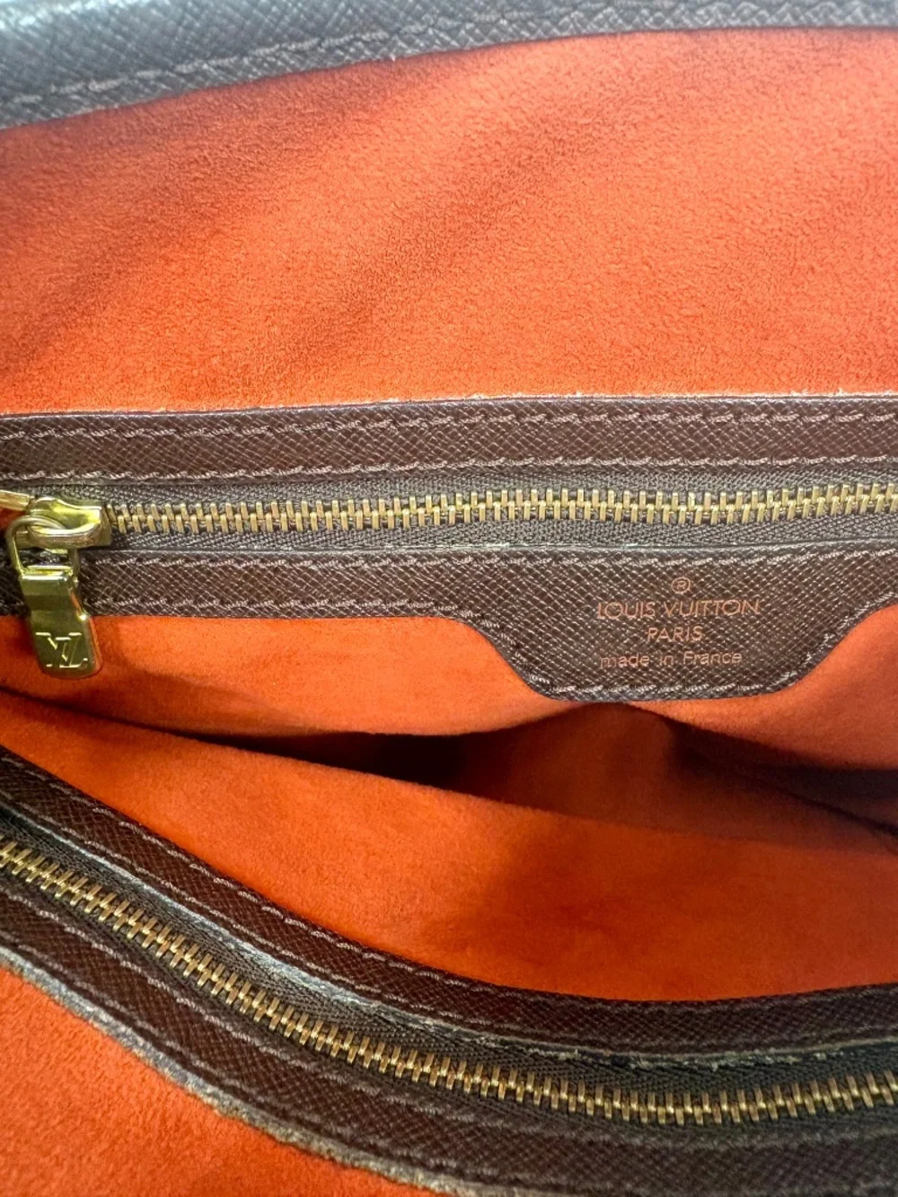 Louis Vuitton Bucket Bag PM Damier Ebene Red Suede Lining